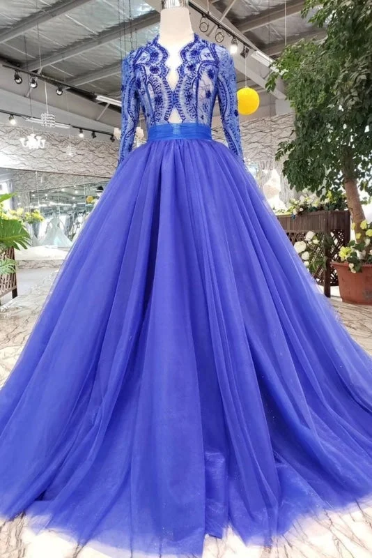 Royal Blue Sleeve Tulle Prom Lace Long Party Dress with Beads Shift Classic Vintage