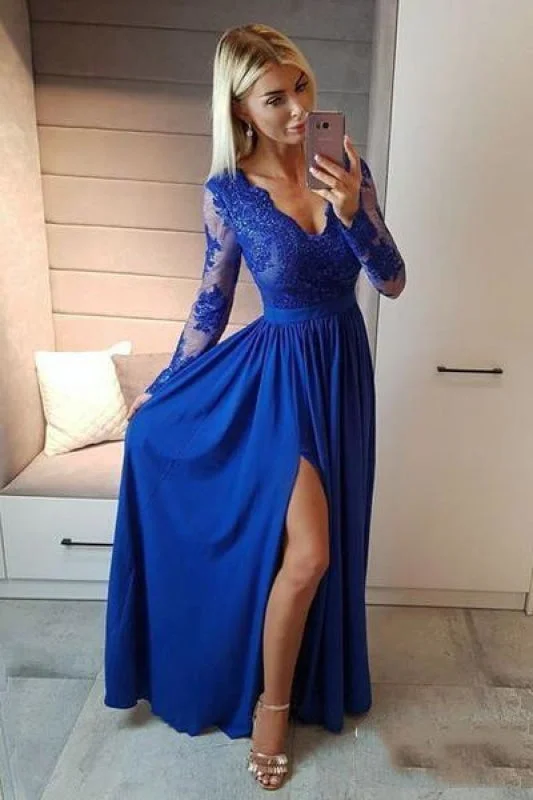 BA7496 Royal Blue V Neck Long Sleeve Prom Floor Length Split Evening Dress with Lace Tunics Top Casual