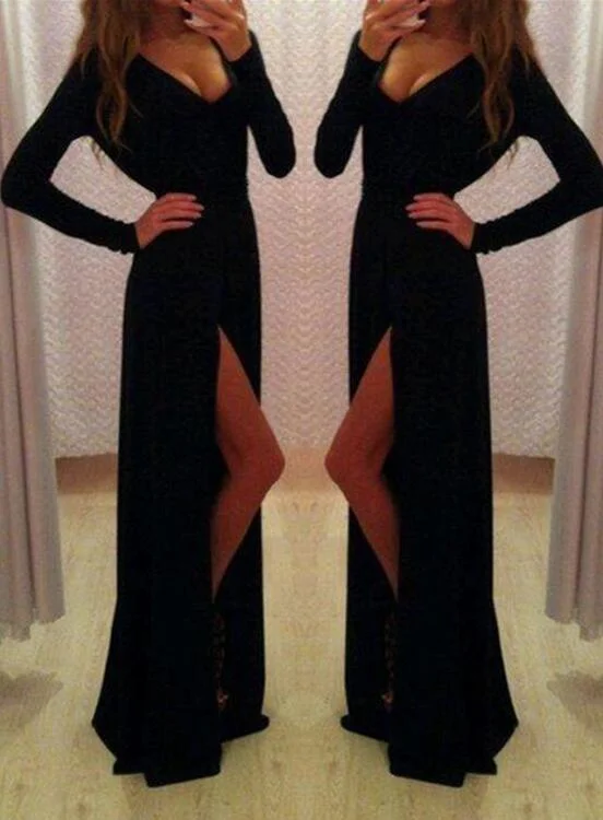 Sexy Long Sleeves V-neckline Party Dresses, Slit Black Formal Dresses, Evening Gowns Tunics Bridal satin