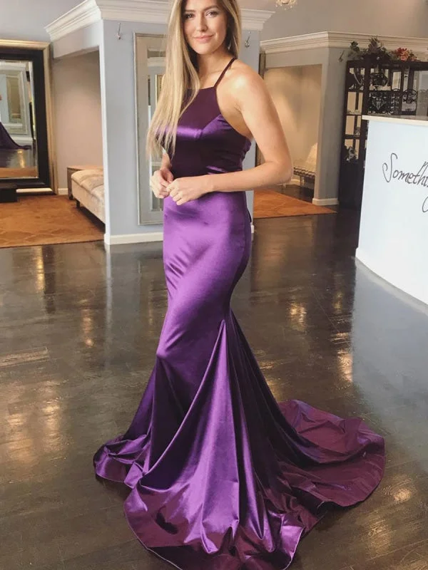 Sexy Purple Mermaid Backless Satin Long Prom Dresses with Cross Back, Purple Formal Dresses, Backless Evening Dresses Tunics Lace romantic Sexy Purple Mermaid Backless Satin Long Prom Dresses with Cross Back, Purple Formal Dresses, Backless Evening Dresses Tunics Lace romantic