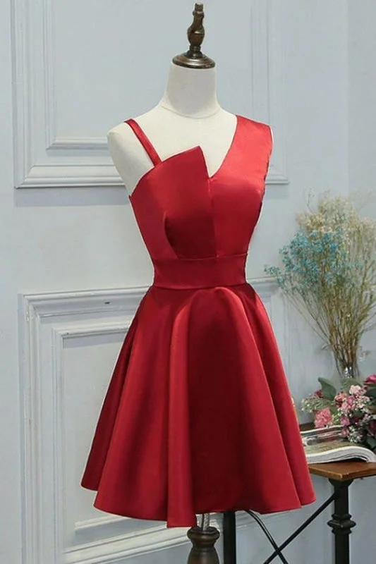 Simple A-line Red Sleeveless Homecoming Short Prom Party Dresses Satin Halter Glamorous