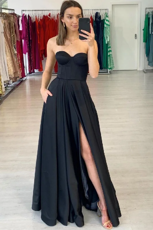 Simple black satin long prom dress black satin evening dress Tunics Prom sequined