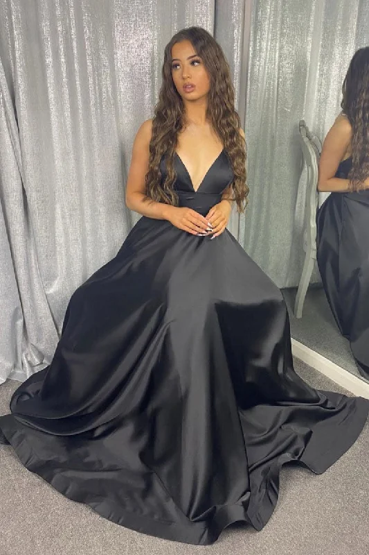 Simple black v neck satin long prom dress black evening dress Tunics Bridal satin