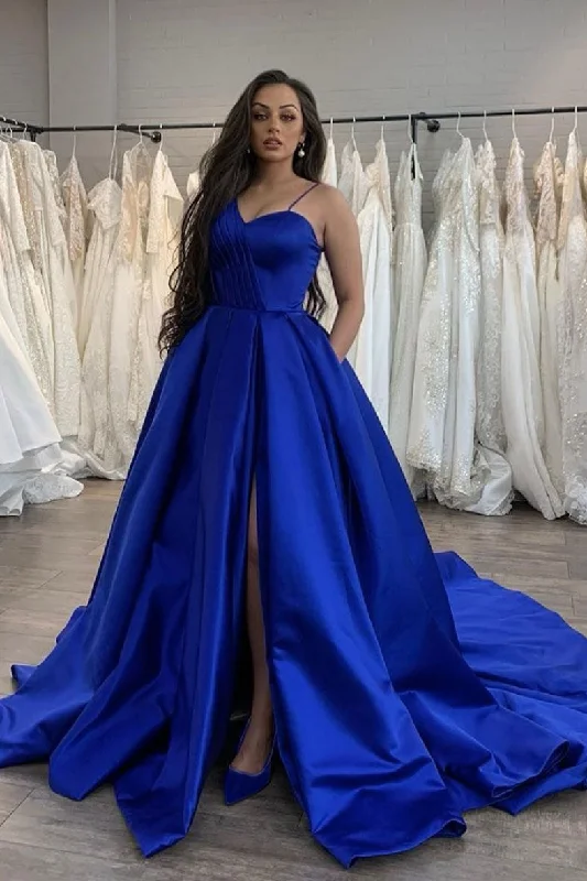 Simple blue satin long prom dress blue evening dress Turtleneck Neckline Stylish