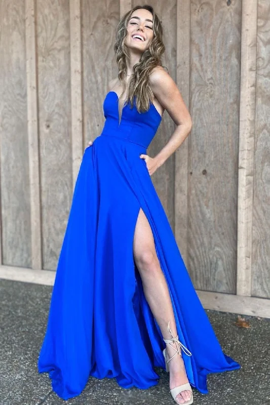 Simple blue satin long prom dress blue evening dress Tunics Favorite customer