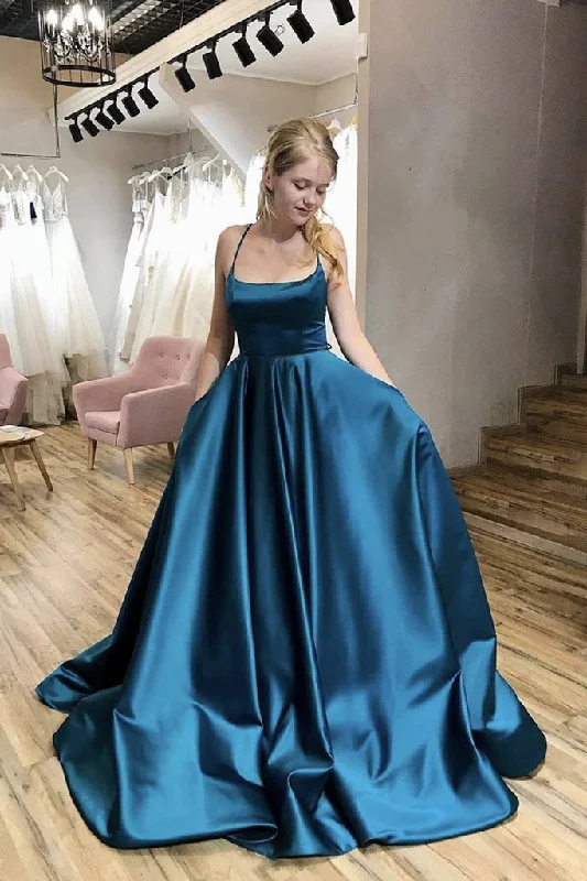 Simple blue satin long prom dress blue satin evening dress Tunics Travel practical