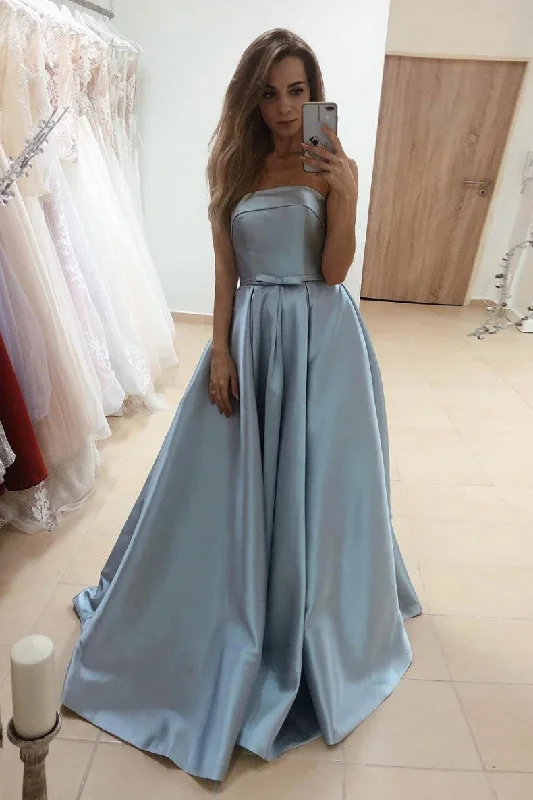 Simple blue satin long prom dress blue satin long evening dress Chiffon Maxi Beach