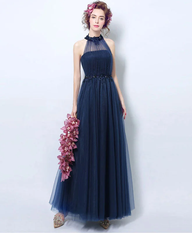 Simple Blue Tulle Tea Long Prom Dress, Blue Evening Dress Satin Halter Glamorous