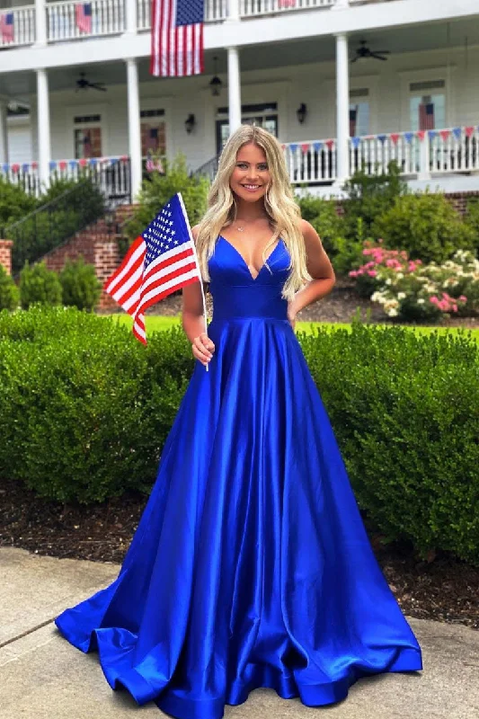 Simple blue v neck satin long prom dress blue evening dress Peplum Ruffle Cocktail