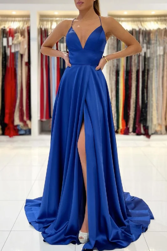 Simple blue v neck satin long prom dress blue evening dress Tunics Wedding white