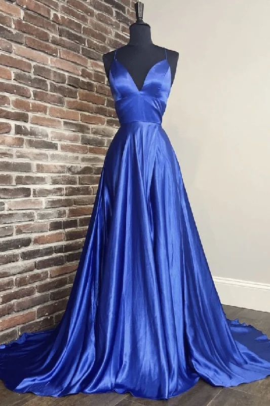 Simple blue v neck satin long prom dress blue evening dress Tunics Chinos classic