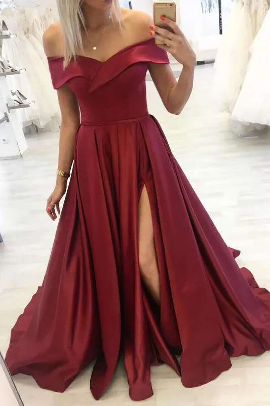 Simple burgundy off shoulder long prom dress burgundy evening dress Tunics Travel practical