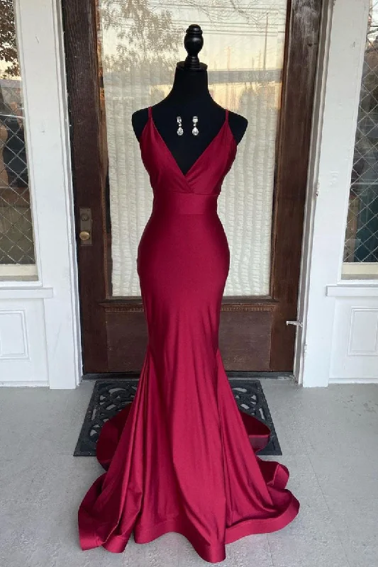 Simple burgundy v neck satin mermaid long prom dress burgundy evening dress Tunics Occasion special