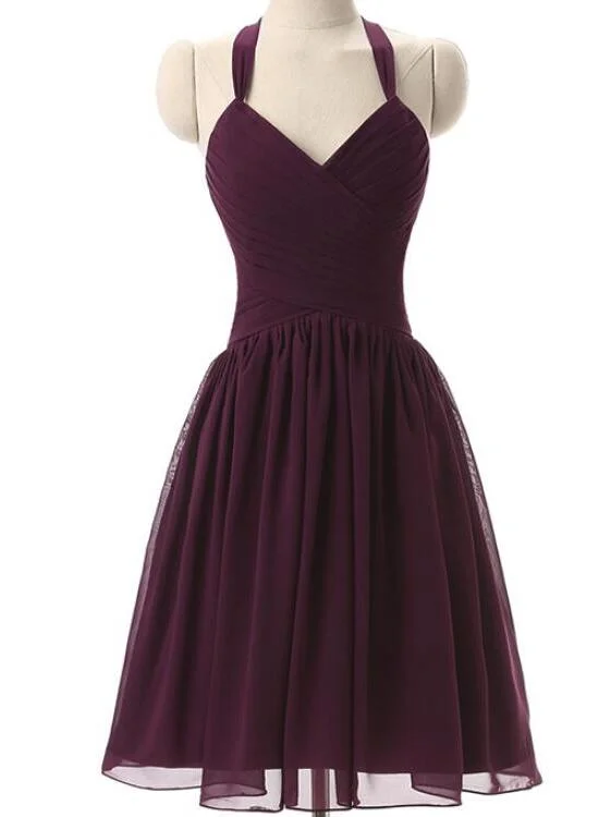 Simple Dark Purple Short Bridesmaid Dresses, Purple Wedding Party Dresses, Halter Bridesmaid Dresses Tunics Seasonal trendy