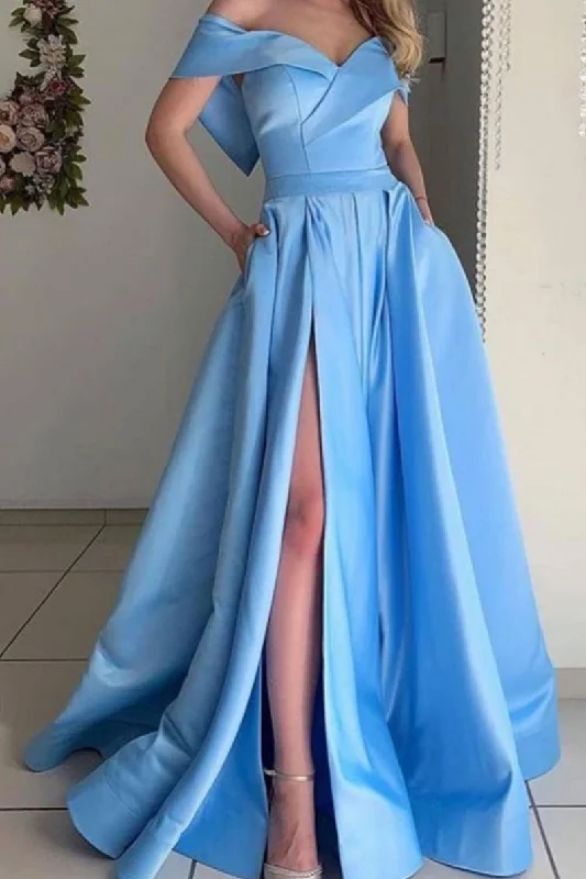 Simple off shoulder satin long blue prom dress, blue evening dress Glittery Long Formal