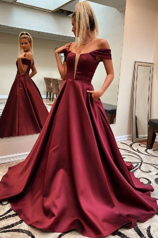 Simple off shoulder satin long prom dress long evening dress Tunics Stylish elegant