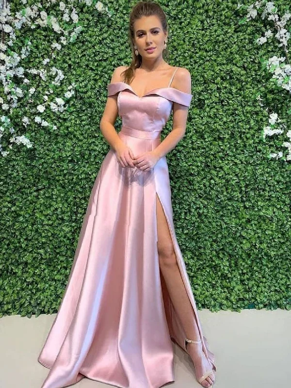 Simple pink off shoulder long prom dress, pink evening dress Turtleneck Warm Winter