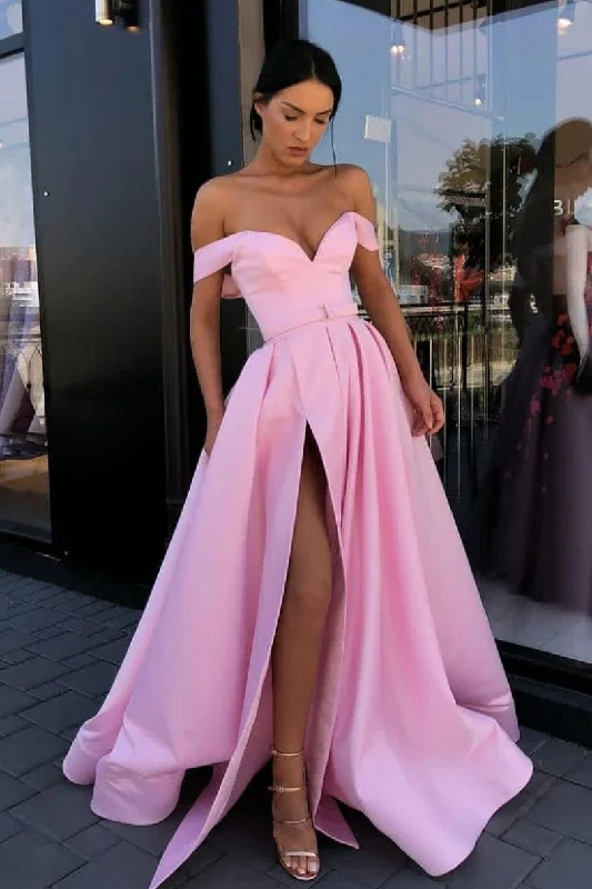 Simple pink off shoulder satin long prom dress pink evening dress Tunics Leisure comfortable