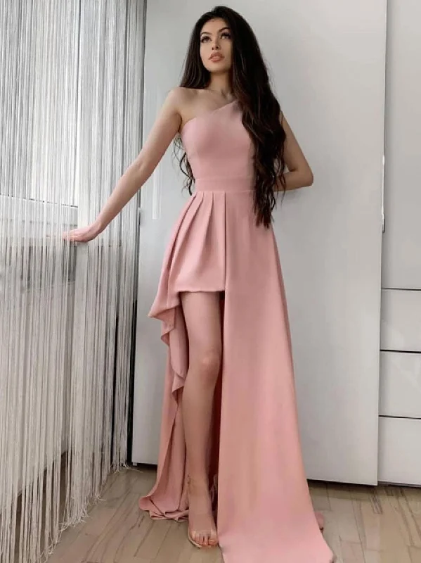 Simple pink one shoulder long prom dress pink evening dress Tunics Plaid country