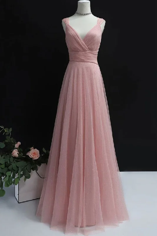 Simple pink tulle long prom dress pink tulle evening dress Boat Neckline Classic