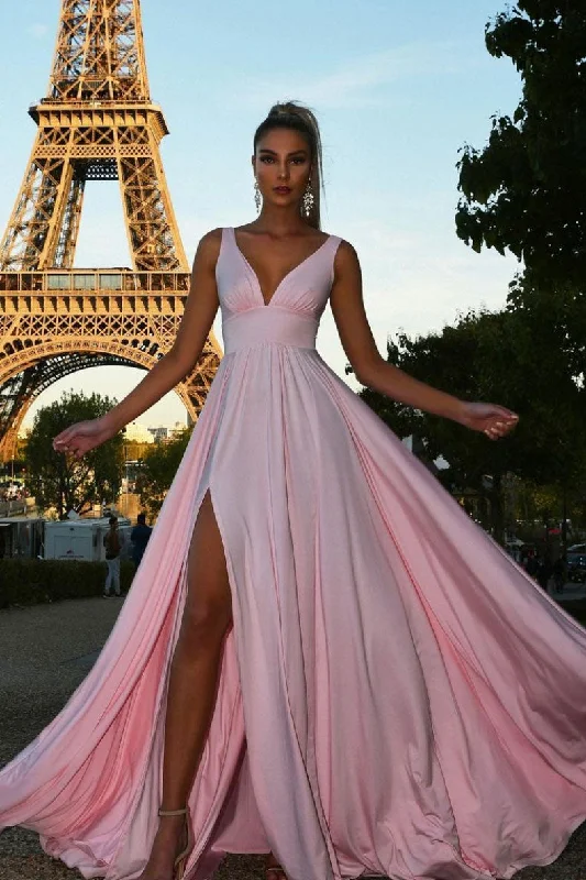 Simple pink v neck satin long prom dress pink evening dress Tunics Versatile stylish