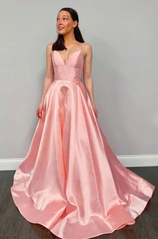 Simple pink v neck satin long prom dress pink evening dress Square Neckline Feminine