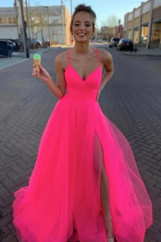 Simple pink v neck tulle long prom dress pink tulle evening dress Tunics Vintage classic