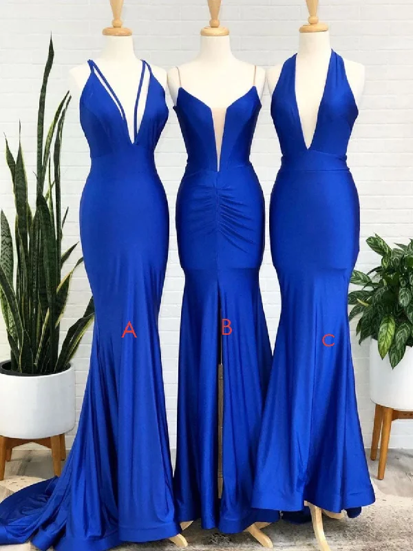 Simple Royal blue v neck mermaid long prom dress blue evening dress Tunics Denim casual