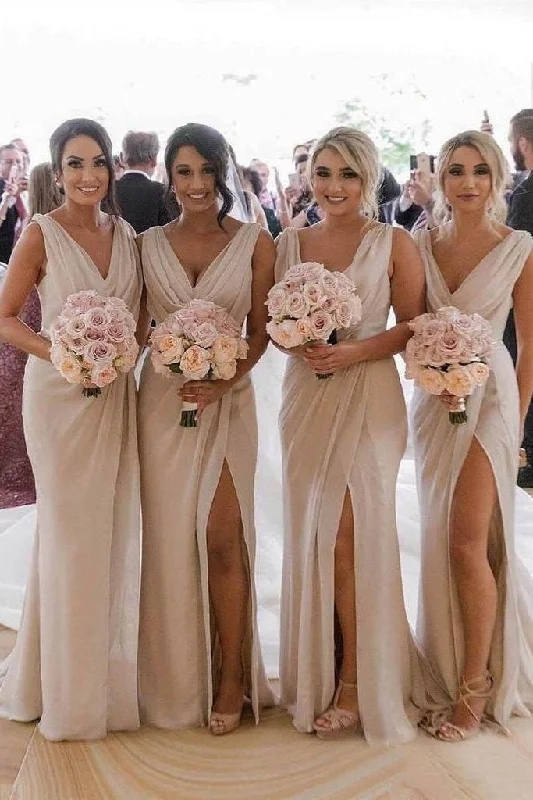 Simple Sheath Long Bridesmaid Dresses with Slit, Wedding Party Dress DMO22 Halter Neckline Beach