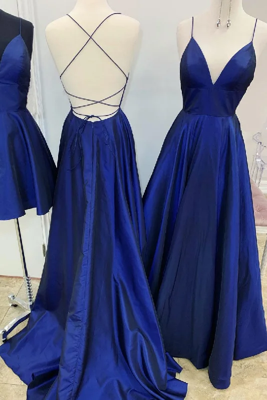 Simple v neck blue satin long prom dress blue evening dress Square Neckline Feminine