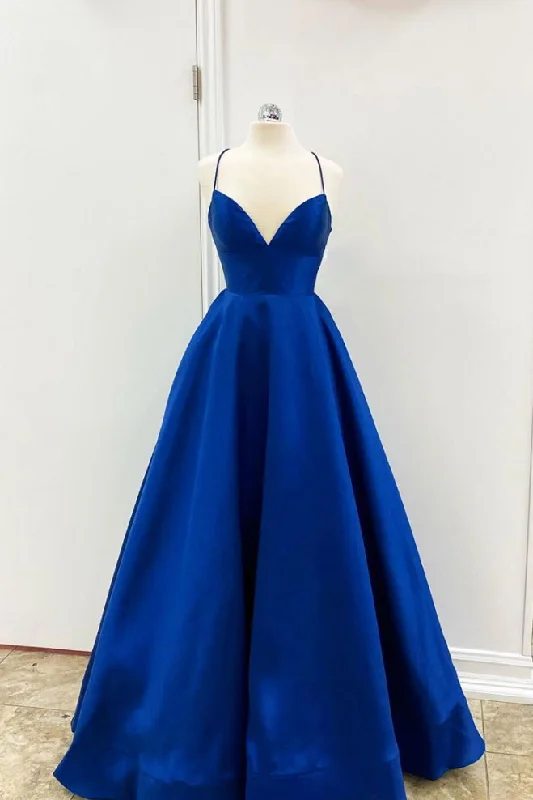 Simple v neck blue satin long prom dress blue evening dress Tunics Chic elegant