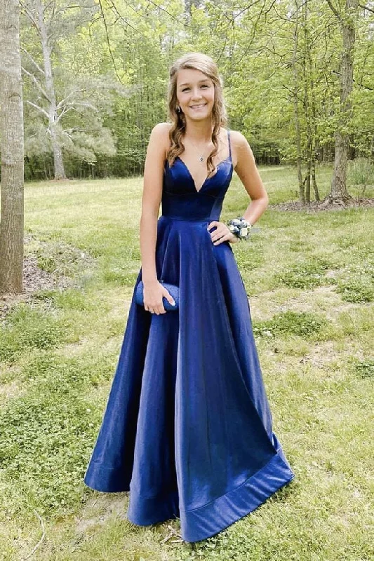 Simple v neck blue satin long prom dress blue evening dress Tunics Trousers formal