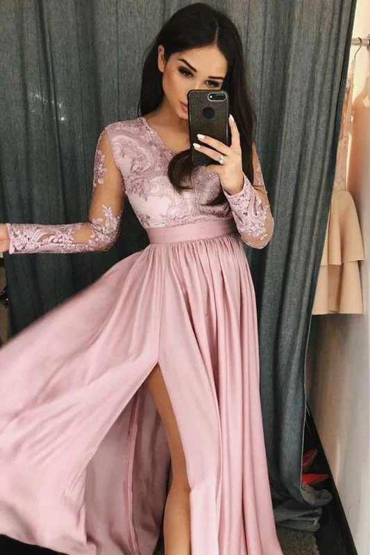 Simple V Neck Prom Long Sleeves Pink Split Evening Dress with Lace High-Low Hemline Casual