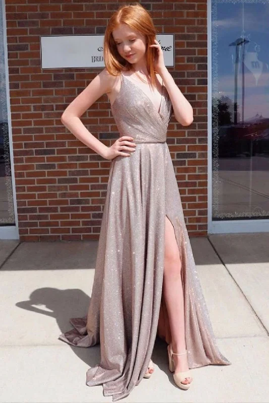 Simple v neck sequin satin long prom dress sequin evening dress Tunics Cozy soft