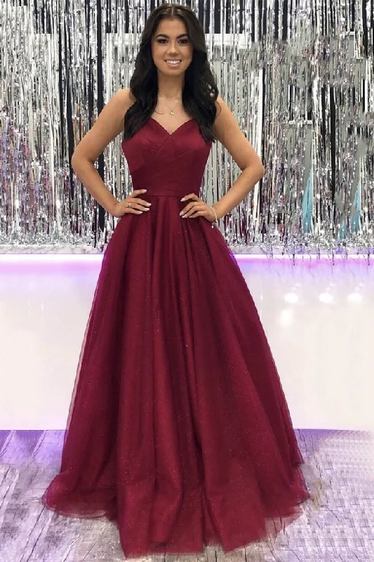 Simple v neck tulle burgundy long prom dress burgundy evening dress Tunics Chic fashionable