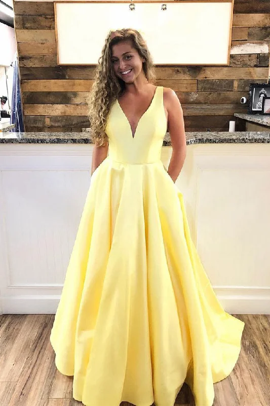 Simple v neck yellow satin long prom dress yellow evening dress Tunics Brand named