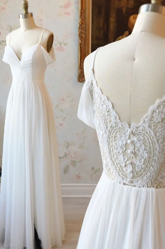 Simple white off shoulder chiffon lace long prom dress evening dress empire Waist empire