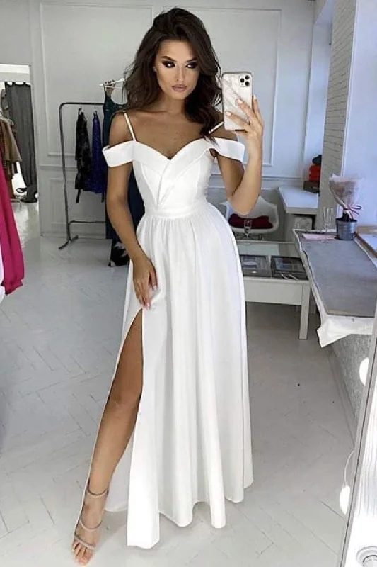 Simple white off shoulder satin long prom dress white evening dress Tunics Handmade artisanal