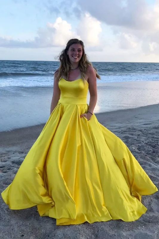 Simple yellow satin long prom dress yellow evening dress Tunics Modern contemporary