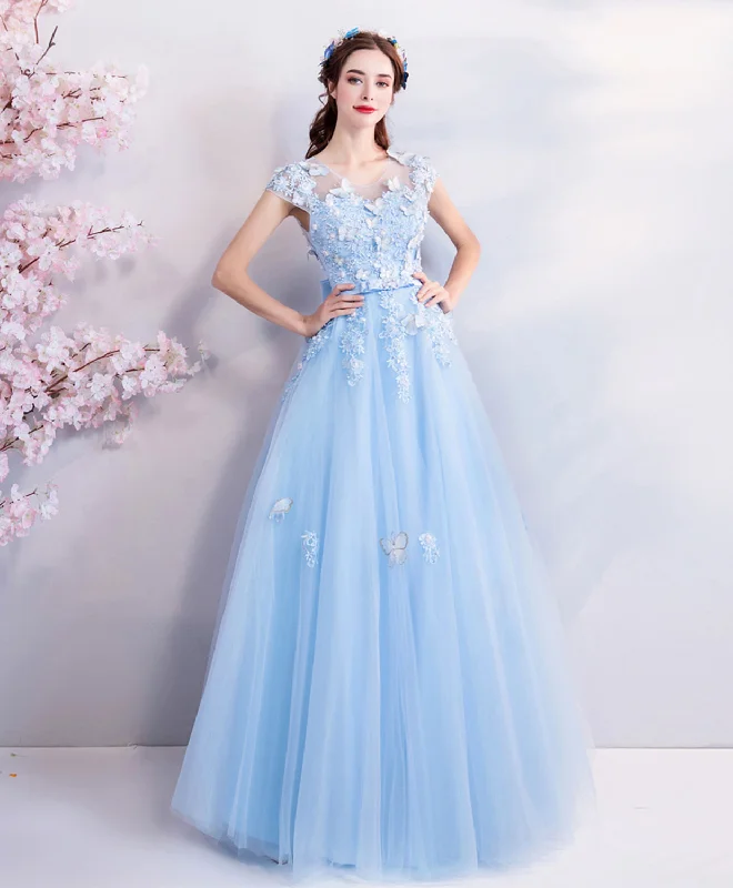 Sky Blue Lace Tulle Long Prom Dress, Blue Evening Dress Chiffon Maxi Beach