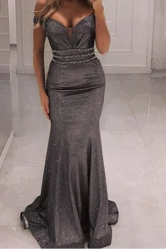 Sparkly Sequins Sweetheart Evening Dresses Off-the-Shoulder Long Prom Dress Tunics Business professional