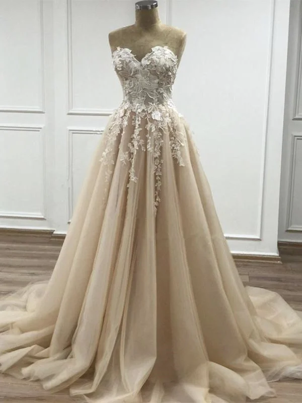 Sweetheart Neck Champagne Lace Floral Long Prom Dresses, Strapless Champagne Lace Formal Evening Dresses Tunics Chic elegant