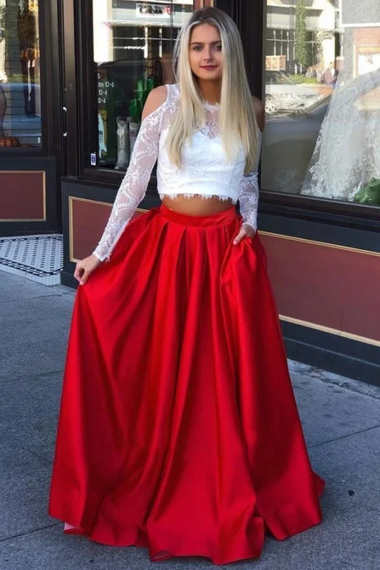 Two Piece Cold Shoulder Prom Dress with Lace Long Sleeve Red Satin Party Dresses sweetheart Neckline Romantic