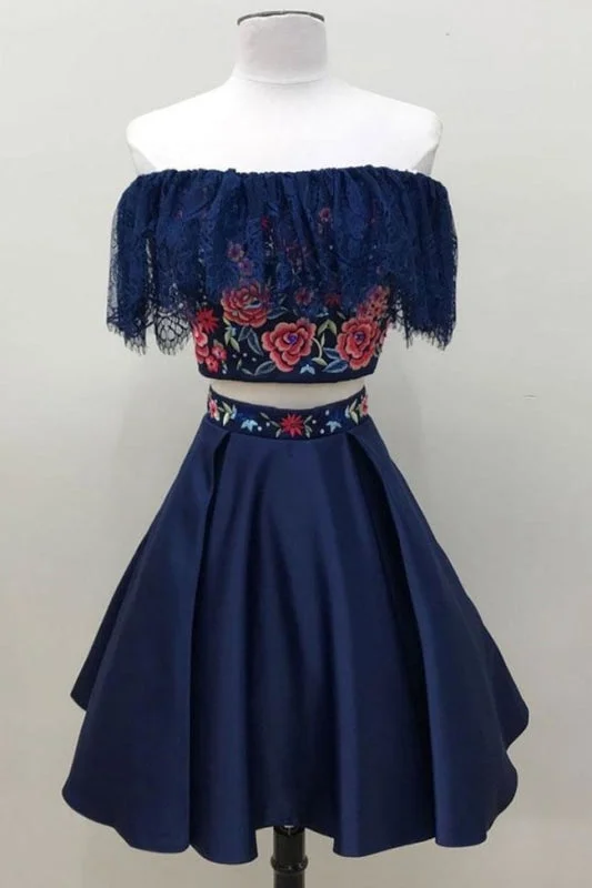 Two Piece Dark Blue Off the Shoulder Satin Homecoming Unique Party Dress with Lace Off-the-shoulder Chic Trendy