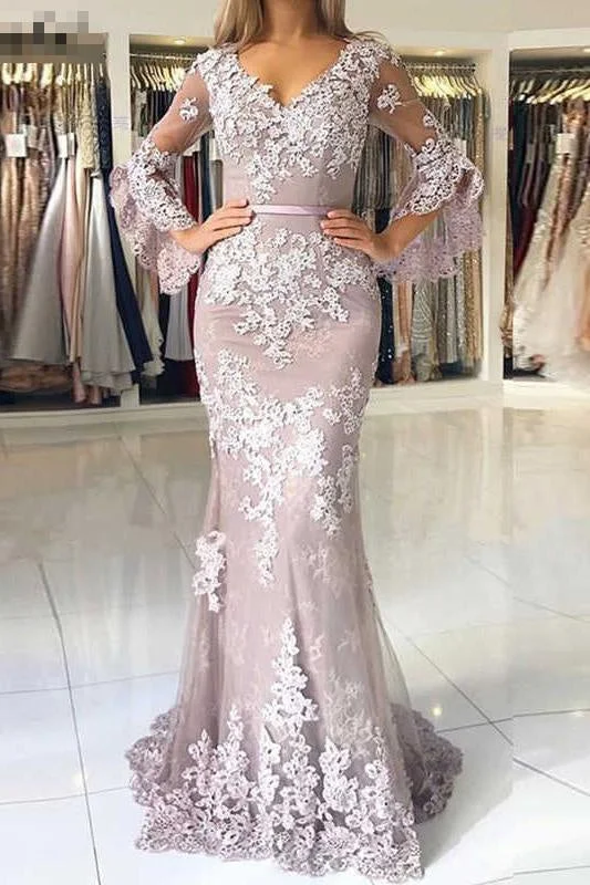 V Neck Long Prom Mermaid Lace Appliqued Evening Dress with Sleeves Tunics Sophisticated sleek