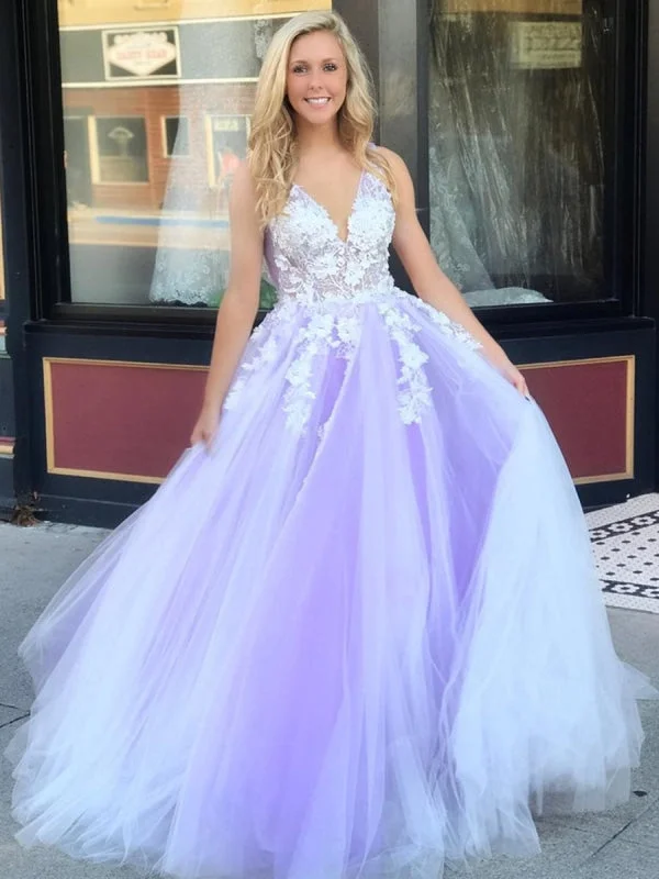 V Neck Open Back White Lace Appliques Top Purple Tulle Long Prom Dresses, Lace Purple Formal Dresses, Evening Dresses Tunics Fleece cozy V Neck Open Back White Lace Appliques Top Purple Tulle Long Prom Dresses, Lace Purple Formal Dresses, Evening Dresses Tunics Fleece cozy