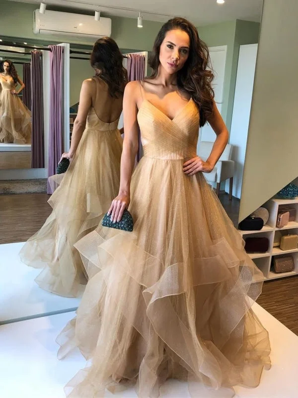 V Neck Puffy Backless Champagne Long Prom Dresses, Backless Champagne Formal Dresses, Champagne Evening Dresses, Ball empire Waist empire
