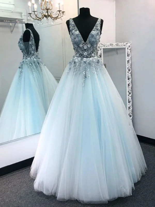 V Neck Tulle Floral Lace Appliques Long Sky Blue Prom Dresses, V Neck Sky Blue Formal Dresses, Blue Evening Dresses, Ball Cowl Neckline Elegant V Neck Tulle Floral Lace Appliques Long Sky Blue Prom Dresses, V Neck Sky Blue Formal Dresses, Blue Evening Dresses, Ball Cowl Neckline Elegant