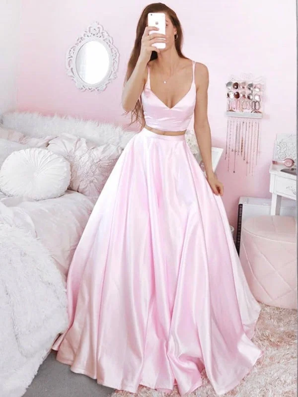 V Neck Two Pieces Pink Satin Long Prom Dresses, 2 Pieces Pink Formal Dresses, Pink Evening Dresses, Ball sweetheart Neckline Romantic V Neck Two Pieces Pink Satin Long Prom Dresses, 2 Pieces Pink Formal Dresses, Pink Evening Dresses, Ball sweetheart Neckline Romantic