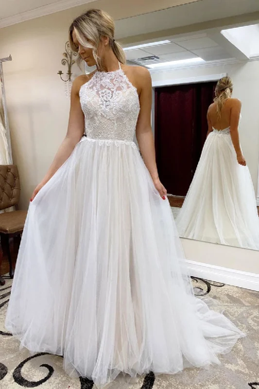 White high neck tulle lace long prom dress evening dress Off-the-shoulder Chic Trendy